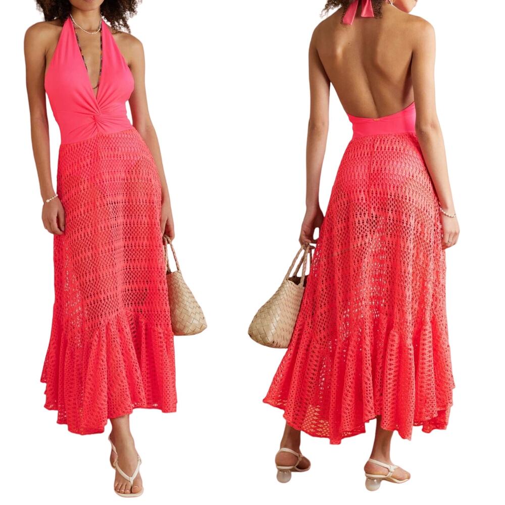 PATBO Crochet Beach Dress Halterneck Neon Coral Resort Influencer Medium NWT
